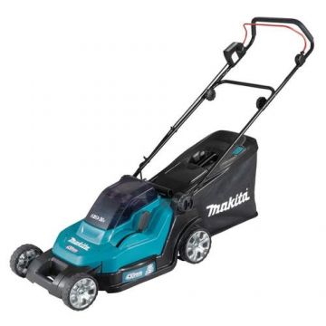 Masina electrica tuns gazonul pe acumulatori Makita DLM432PT2, 18 V 5.0 Ah, Latime lucru 43 cm, Sac colector 50 L, Inaltime taiere 20-75 mm (Negru/Albastru)