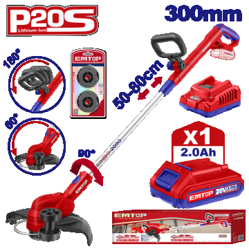 Motocoasa electrica Trimmer cu 1 acumulator 2.0AH, maner reglabil, 2.0AH, 300mm - ELGT203285, EMTOP Motocoasa electrica Trimmer cu 1 acumulator 2.0AH, maner reglabil, 2.0AH, 300mm - ELGT203285, EMTOP