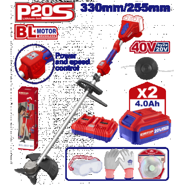 Motocoasa electrica Trimmer cu fir cu 2 acumulatori 4.0Ah, motor fara perii (brushless), 330mm 255mm, accesorii incluse - ELMR200285, EMTOP Motocoasa electrica Trimmer cu fir cu 2 acumulatori 4.0Ah, motor fara perii (brushless), 330mm 255mm, accesorii incluse - ELMR200285, EMTOP