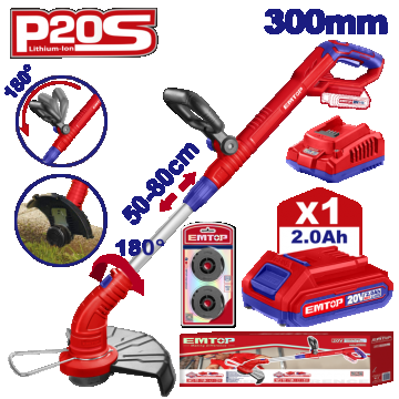 Motocoasa Trimmer cu 1 acumulator 2.0Ah, maner reglabil, 300mm - ELGT203011, EMTOP Motocoasa Trimmer cu 1 acumulator 2.0Ah, maner reglabil, 300mm - ELGT203011, EMTOP