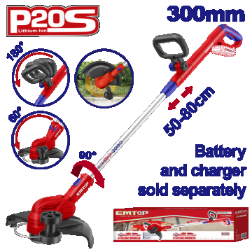 Motocoasa Trimmer fara acumulator si incarcator, maner reglabil, 300mm - ELGT20328, EMTOP Motocoasa Trimmer fara acumulator si incarcator, maner reglabil, 300mm - ELGT20328, EMTOP