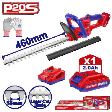 Trimmer gard viu cu 1 acumulator 2.0AH, lama 460mm, manusi protectie - ELHT204611, EMTOP Trimmer gard viu cu 1 acumulator 2.0AH, lama 460mm, manusi protectie - ELHT204611, EMTOP