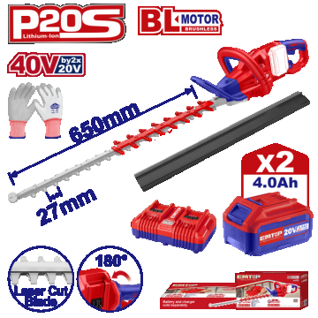 Trimmer gard viu cu 2 acumulatori 4.0AH si incarcator dublu, lama 650, manusi protectie - ELHT400282, EMTOP Trimmer gard viu cu 2 acumulatori 4.0AH si incarcator dublu, lama 650, manusi protectie - ELHT400282, EMTOP